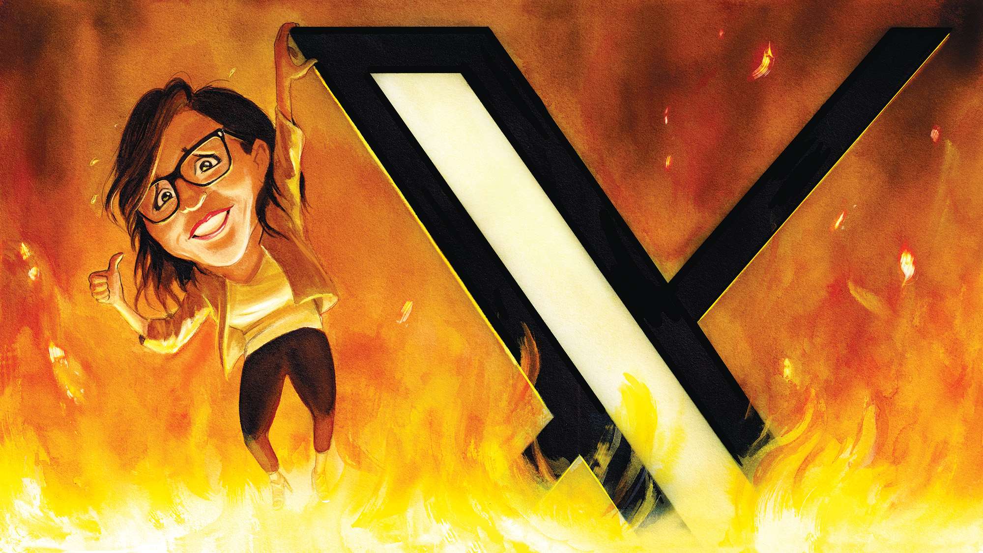 illustration of Linda Yaccarino hanging off a giant X (app) icon that is surrounded by fire