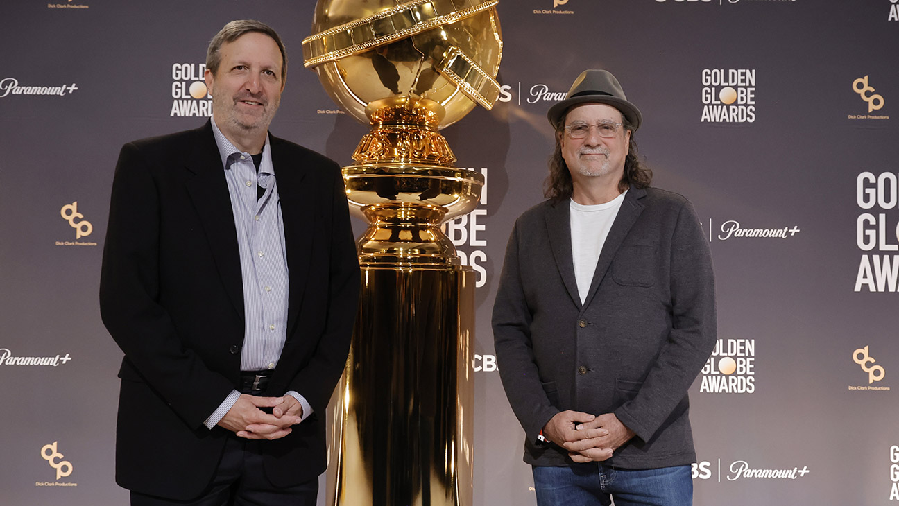 Ricky Kirshner and Glenn Weiss pose onstage during the 81st Golden Globe Awards nominations announcement at The Beverly Hilton on December 11, 2023 in Beverly Hills, California.